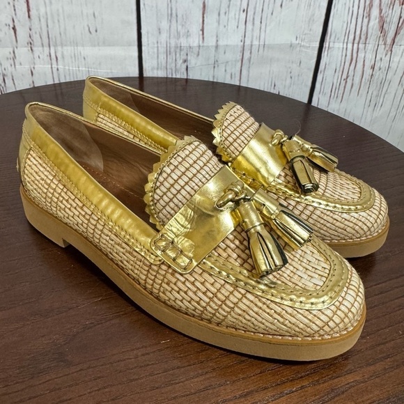 TORY BURCH Raffia & Metallic Gold Leather Trims Loafers in size 6 New - Picture 1 of 15